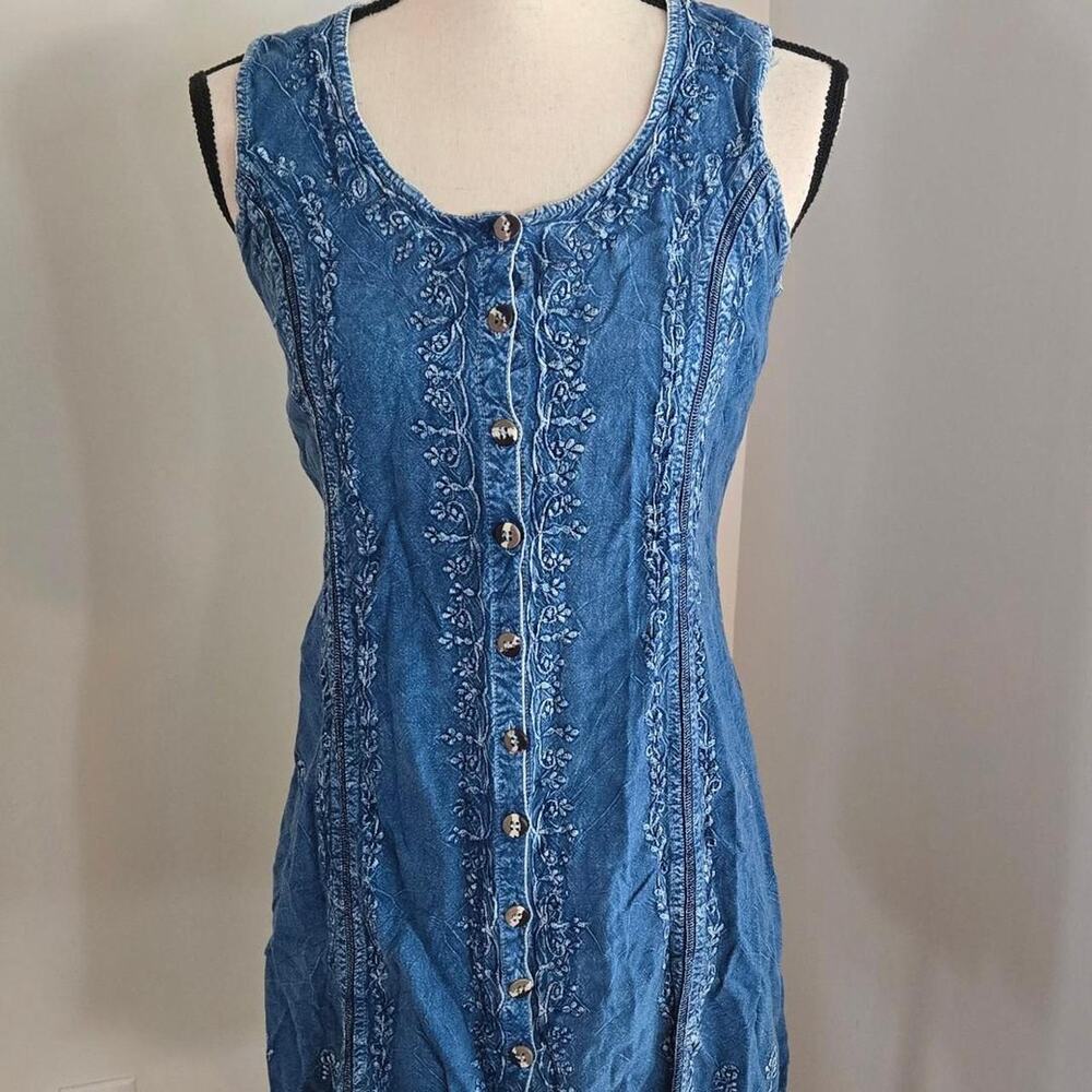 Blue denim chambray mini dress with white floral embroidery, size S